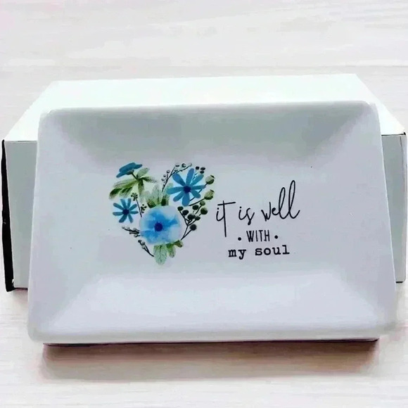 It Is Well With My Soul White Ceramic Soap Dish W/ Blue Flowers & Black Accents - Picture 12 of 13